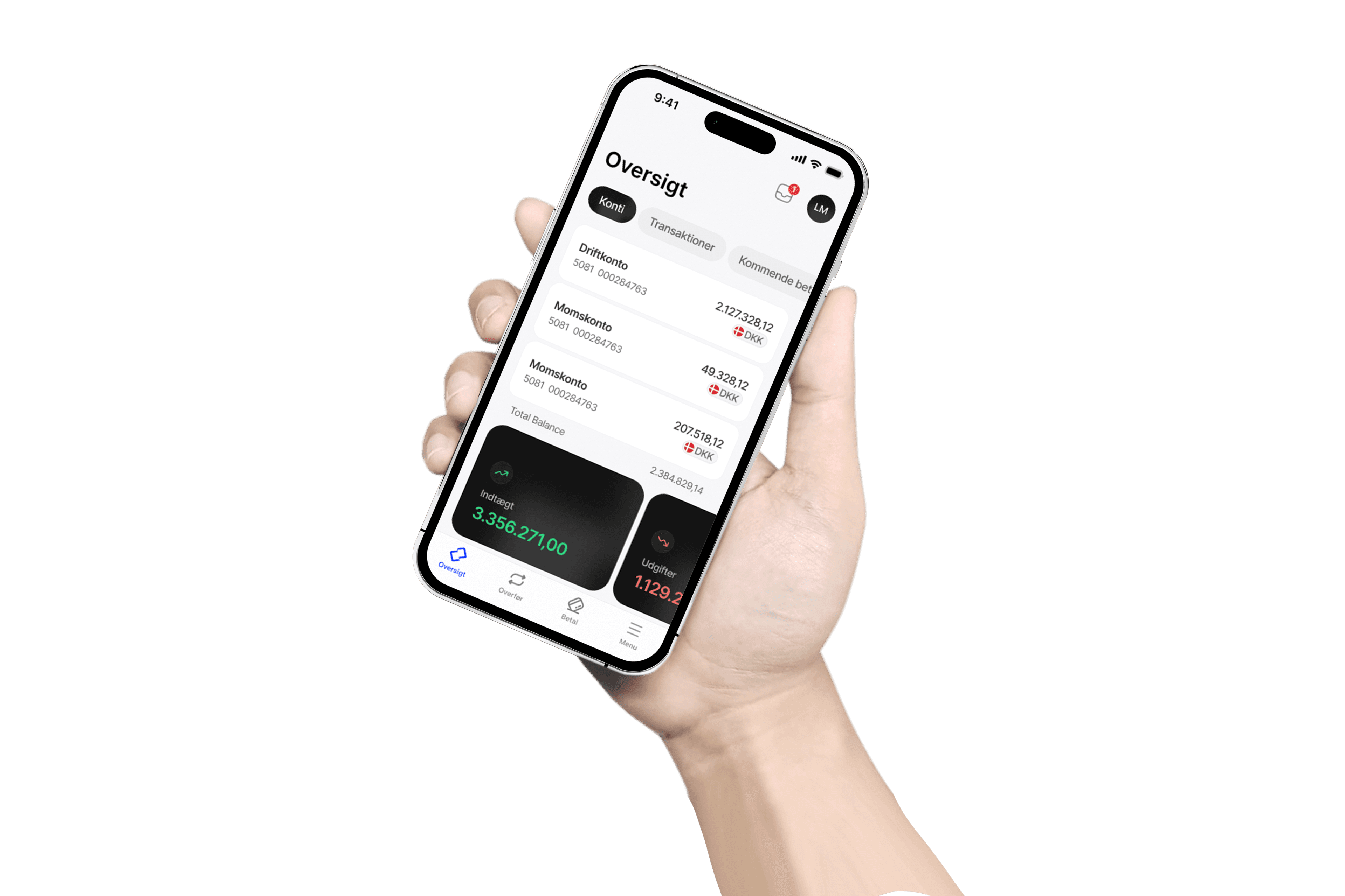Mobile app in hand showing payment and transfer features